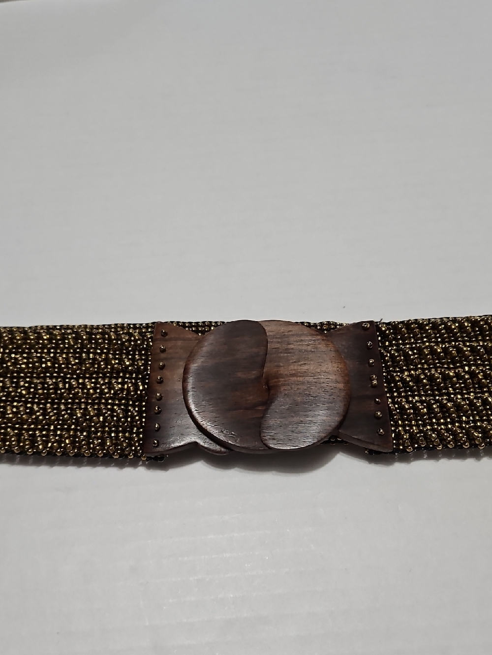Vintage Woven Metallic Brown Wide Stretch Belt with Wood Buckle SIze M/L